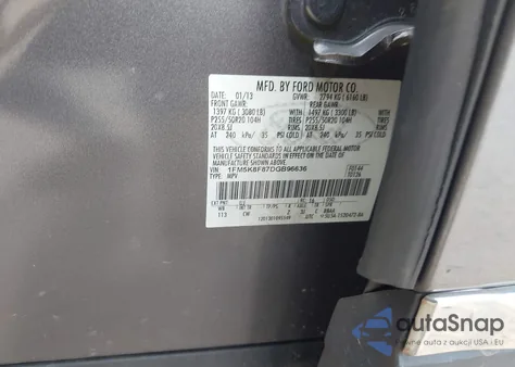 2013 Ford Explorer Limited z USA, uszkodzony, nr VIN 1FM5K8F87DGB96636